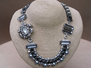 Chunky Metal Crystal Bead and Glass Necklace Entwined with Lace