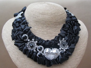 Black Velvet Satin Ruffled Silver Tone and Crystal Bead Bib Style Necklace with Satin Ribbon Tie