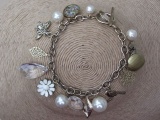 Vintage 1980s Pretty Charm Bracelet with Acrylic Glass Beads and Faux Pearl Charms