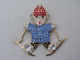 Vintage 1980s Skiing Bear Brooch in Colourful Rhinestones