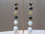 Long Drop Earrings in Gold Tone with Shimmering Faux Pearls and Black Beads