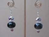Jet Crystal Facet Ball Earrings with Purple and Clear Rhinestone Beading Set in Silver Tone