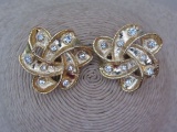 Vintage Large 1980s Gold Tone Clear Rhinestone Swirly Clip Ons