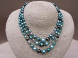 Vintage 1960s 1970s Green and Emerald Colour Beaded Triple Strand Necklace signed JAPAN