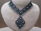 Vintage 1970s Black Enamel Diamante Necklace and Earring Set