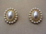 Vintage 1980s Large Oval Faux Pearl Earrings in Gold Tone for Pierced Ears