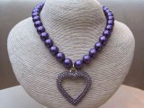 Purple Faux Pearl Necklace Set with Crystal Heart Shaped Pendant Matching Earrings and Cocktail Ring