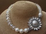 Clear Crystal and White Faux Pearl Necklace with Oval Cut Crystal Side Pendant and Matching Oval Cut Crystal Earrings