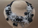 Outstanding Metal Linked Necklace Entwined with Black Velvet Silver Metallic Stars Crystal Balls and Beaded Baubles