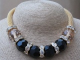 Gold Tone Mesh Collar Necklace Set with Large Rhinestone Speckled Baubles and Matching Bracelet