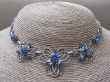 Vintage 1960s Silver Tone Petal Shaped Collar Necklace with Electric Blue Rhinestones
