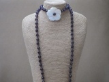 Vintage Flapper Style Purple Crystal Facet Bead Necklace with Mother of Pearl Flower Pendant