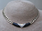 Vintage 1980s Black Enamel and Rhinestone Gold Tone Curb Link Collar