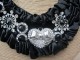 Black Velvet Satin Ruffled Silver Tone and Crystal Bead Bib Style Necklace with Satin Ribbon Tie