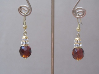 Amber Facet Bead Clear Rhinestone Earrings in Gold Tone