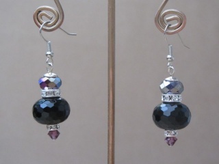Black Crystal Ball Earrings with Clear Rhinestones in Silver Tone