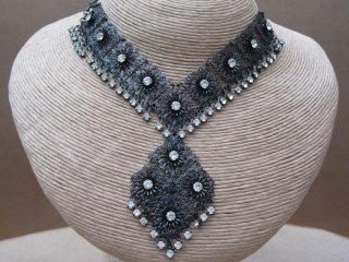 Vintage 1970s Black Enamel Diamante Necklace and Earring Set