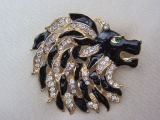 Vintage 1980s Rhinestone Encrusted Lion's Head Brooch with Sparkling Emerald Eye